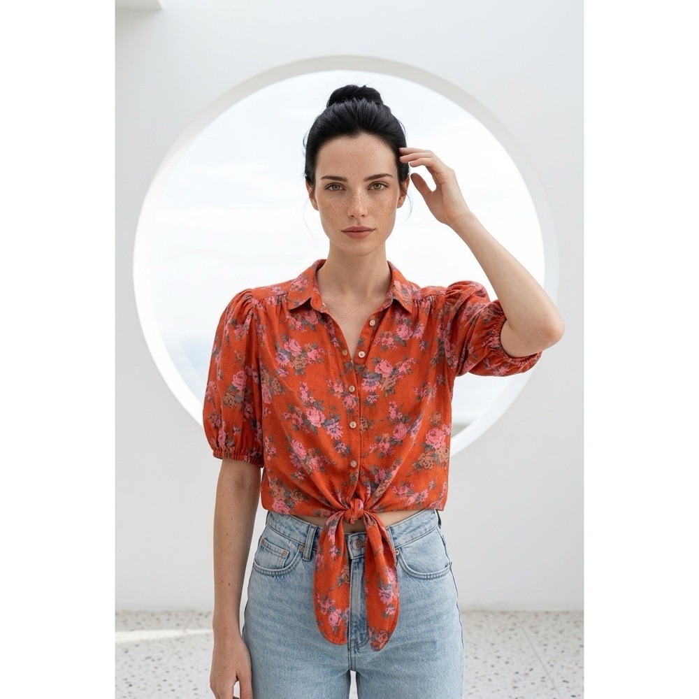 Summer Special Free People XS Celia Floral Tie-front Blouse In Burnt Orange